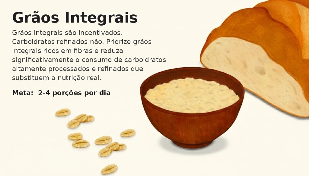 Grãos integrais no lugar dos refinados: mais fibra e menos ultraprocessados.