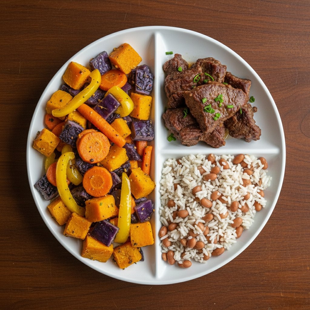 Metade do prato de vegetais, um quarto de proteína e um quarto de arroz com feijão.