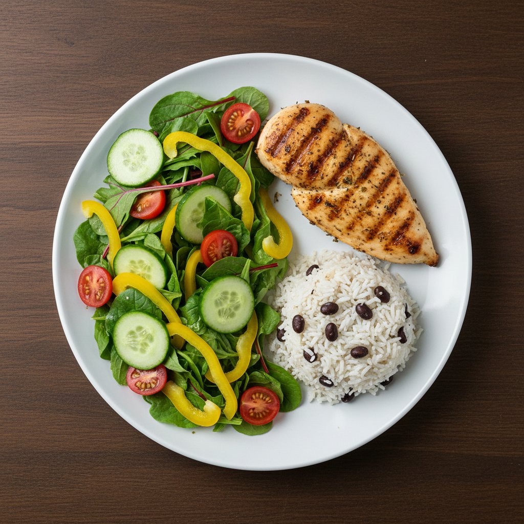 O mesmo prato com frango grelhado, salada e arroz com feijão-preto.