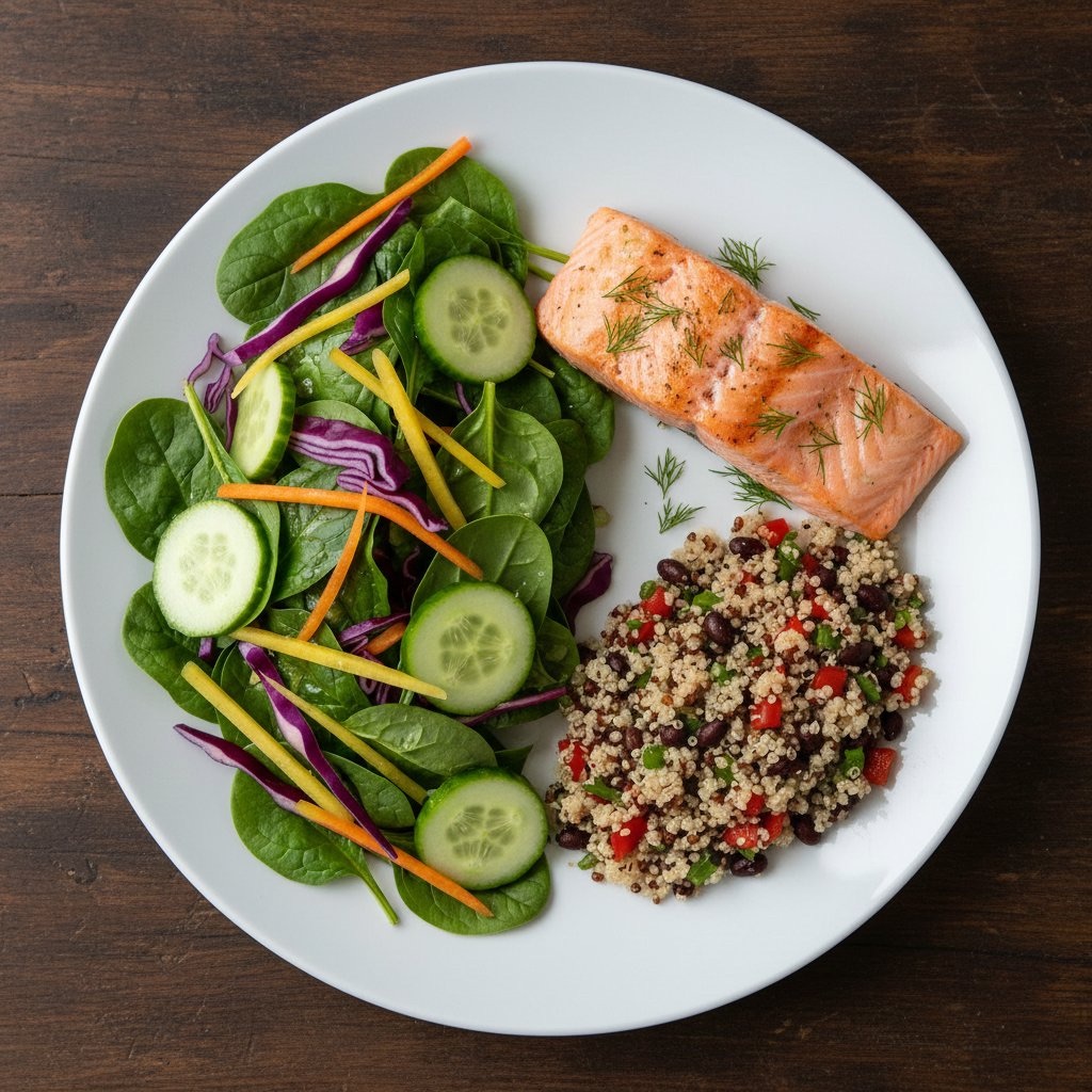 Uma variação com peixe e quinoa — a mesma proporção, outros alimentos.